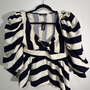 Striped Puff Sleeve Top - Black and White